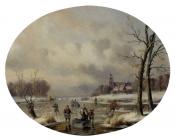 Skaters On A Frozen Waterway, A 'Koek En Zopie' In The Distance - 卡尔·爱德华·阿伦德斯